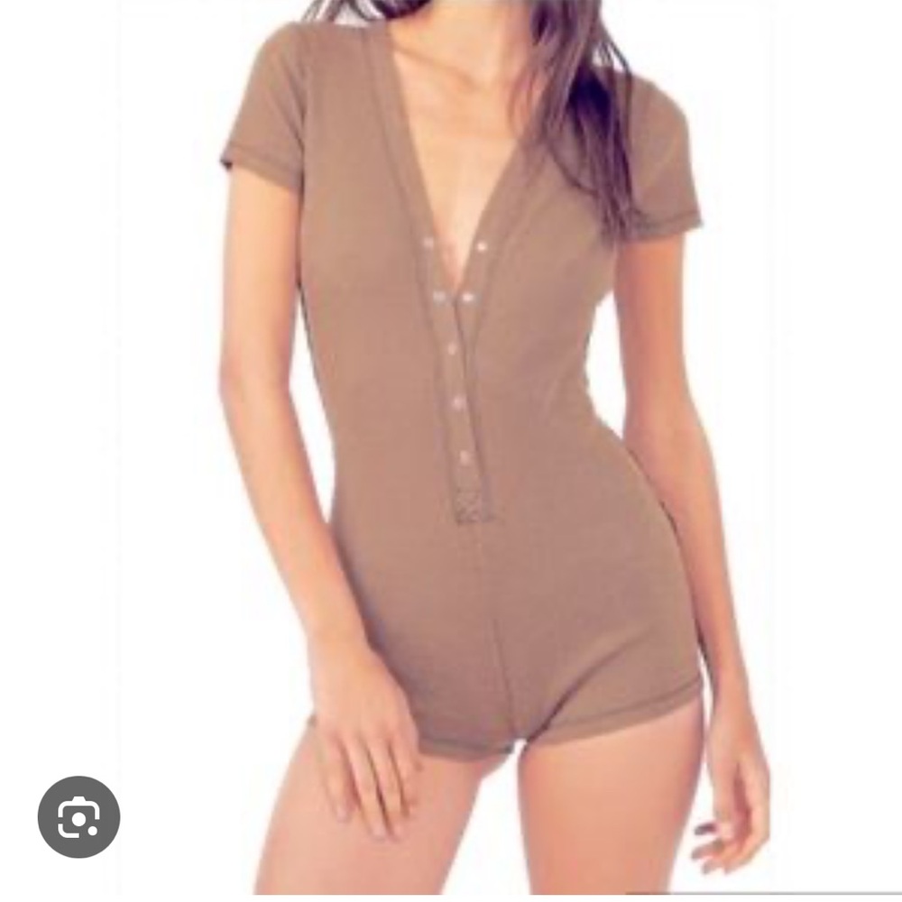 Free people intimately short sleeve button up shorts romper olive stretchy soft